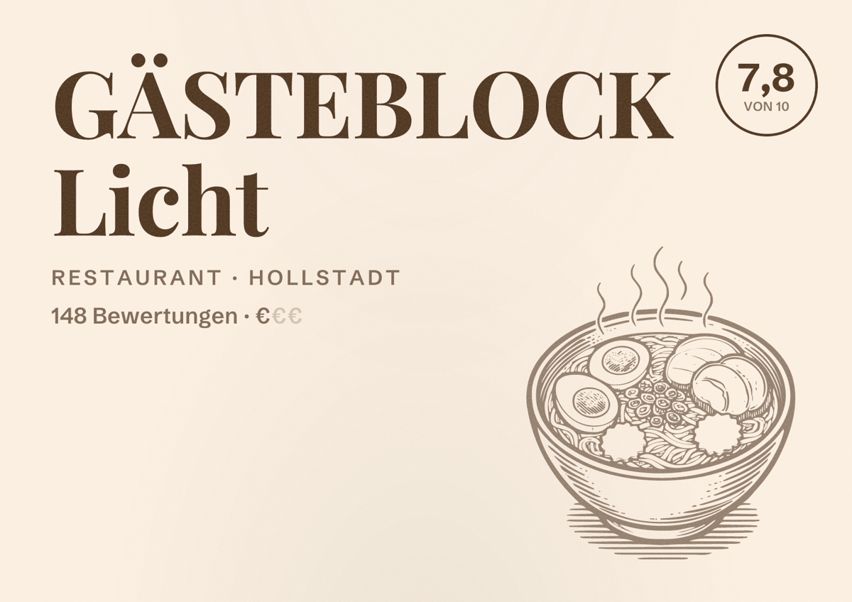 Illustriertes Poster von GÄSTEBLOCK Licht, Restaurant in Hollstadt: Bewertung 7,8 von 10 aus 148 Bewertungen, Preisniveau €