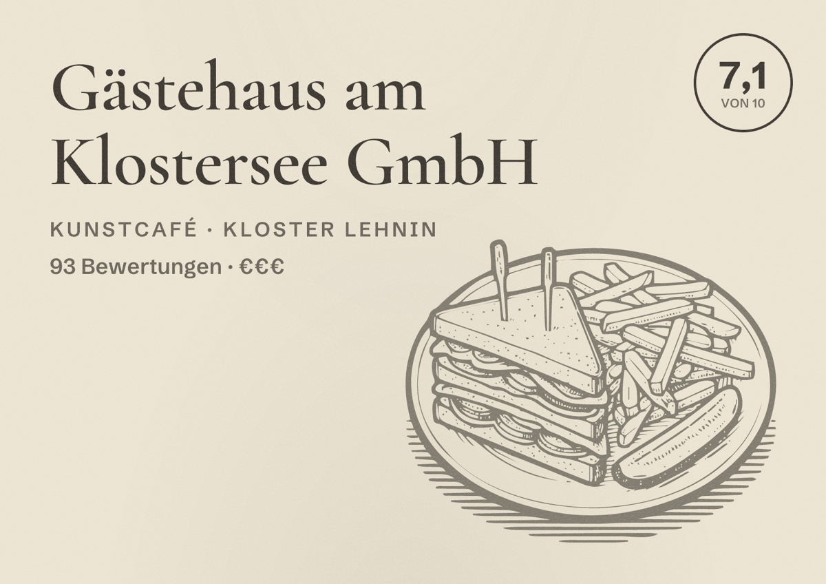 Illustriertes Poster von Gästehaus am Klostersee GmbH, Kunstcafé in Kloster Lehnin: Bewertung 7,1 von 10 aus 93 Bewertungen, Preisniveau €€€