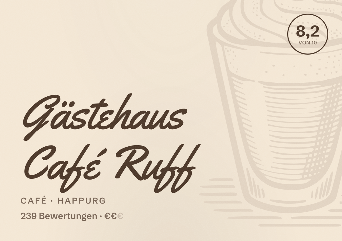 Illustriertes Poster von Gästehaus Café Ruff, Café in Happurg: Bewertung 8,2 von 10 aus 239 Bewertungen, Preisniveau €€