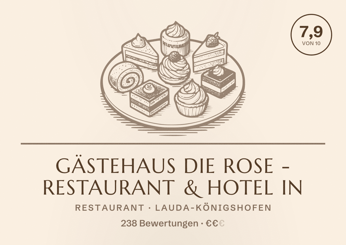 Illustriertes Poster von Gästehaus Die Rose - Restaurant & Hotel in, Restaurant in Lauda-Königshofen: Bewertung 7,9 von 10 aus 238 Bewertungen, Preisniveau €€