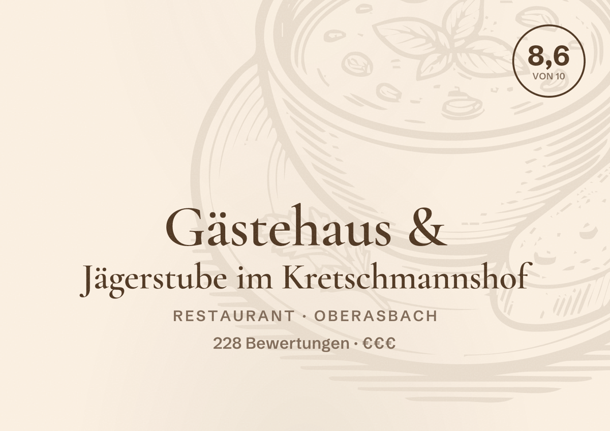 Illustriertes Poster von Gästehaus & Jägerstube im Kretschmannshof, Restaurant in Oberasbach: Bewertung 8,6 von 10 aus 228 Bewertungen, Preisniveau €€€