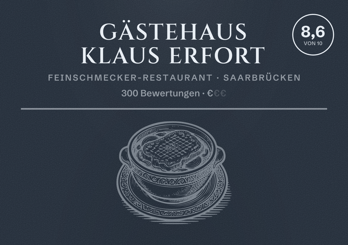 Illustriertes Poster von Gästehaus Klaus Erfort, Feinschmecker-Restaurant in Saarbrücken: Bewertung 8,6 von 10 aus 300 Bewertungen, Preisniveau €