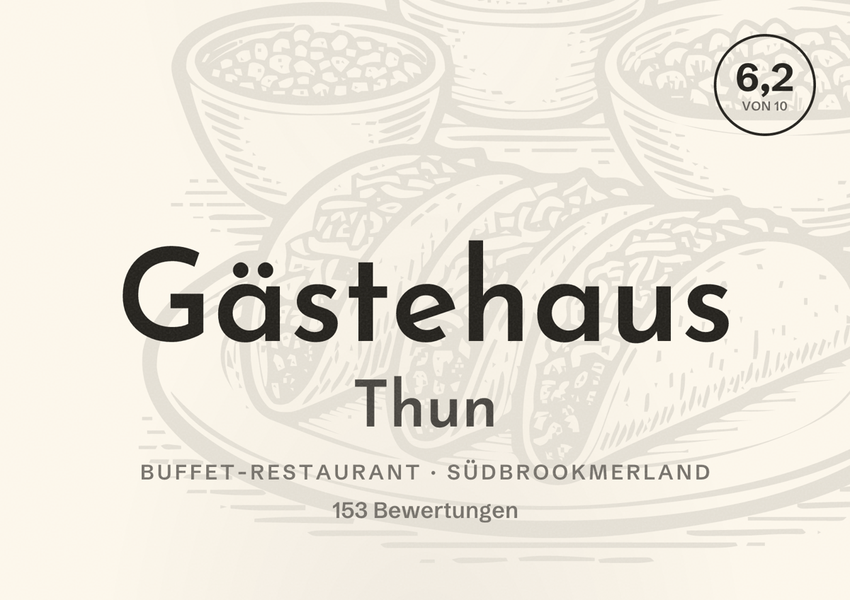 Illustriertes Poster von Gästehaus Thun, Buffet-Restaurant in Südbrookmerland: Bewertung 6,2 von 10 aus 153 Bewertungen