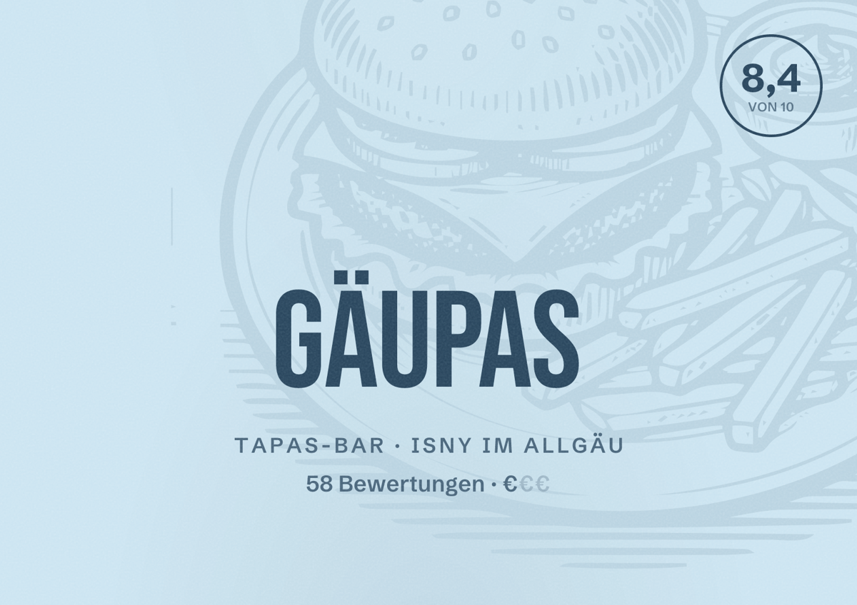 Illustriertes Poster von GÄUPAS, Tapas-Bar in Isny im Allgäu: Bewertung 8,4 von 10 aus 58 Bewertungen, Preisniveau €