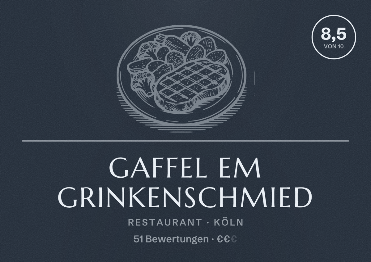 Illustriertes Poster von Gaffel em Grinkenschmied, Restaurant in Köln: Bewertung 8,5 von 10 aus 51 Bewertungen, Preisniveau €€