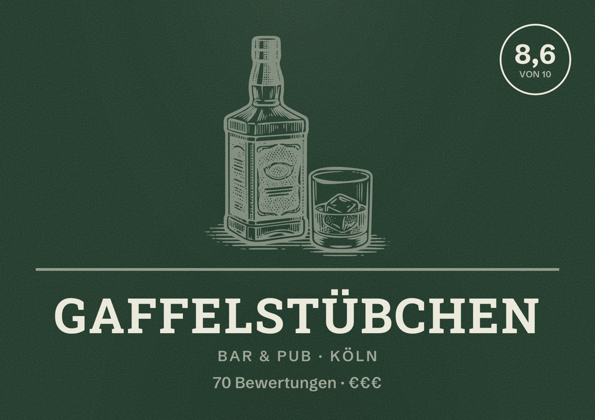 Illustriertes Poster von Gaffelstübchen, Bar & Pub in Köln: Bewertung 8,6 von 10 aus 70 Bewertungen, Preisniveau €€€