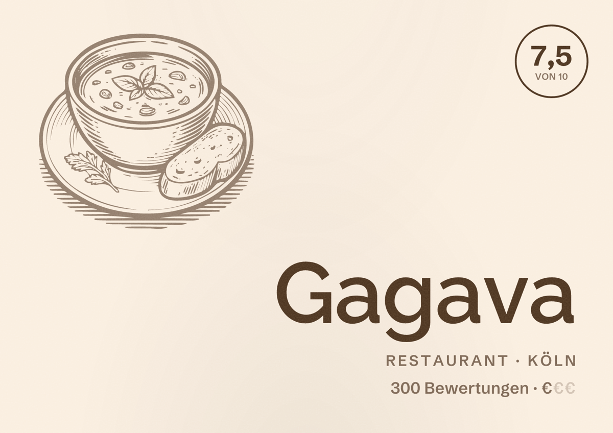 Illustriertes Poster von Gagava, Restaurant in Köln: Bewertung 7,5 von 10 aus 300 Bewertungen, Preisniveau €
