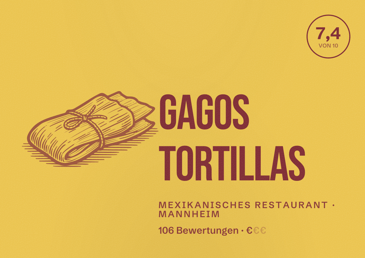 Illustriertes Poster von Gagos Tortillas, Mexikanisches Restaurant in Mannheim: Bewertung 7,4 von 10 aus 106 Bewertungen, Preisniveau €