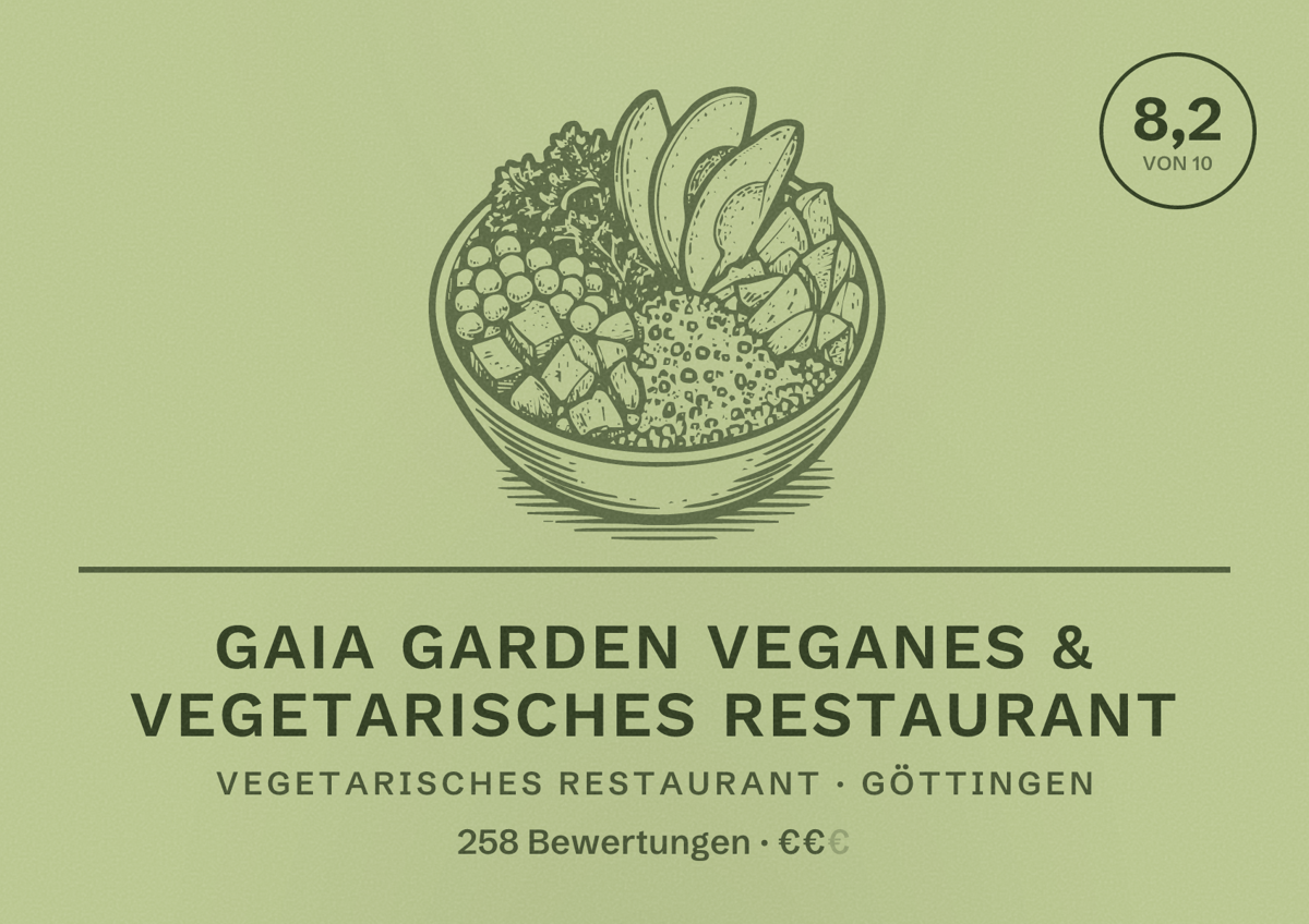 Illustriertes Poster von Gaia Garden veganes & vegetarisches Restaurant, Vegetarisches Restaurant in Göttingen: Bewertung 8,2 von 10 aus 258 Bewertungen, Preisniveau €€
