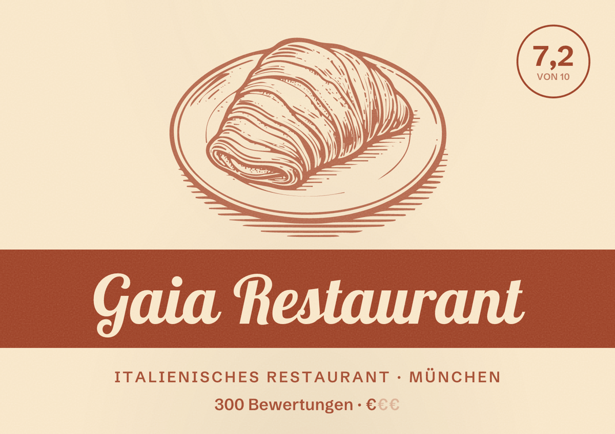 Illustriertes Poster von Gaia Restaurant, Italienisches Restaurant in München: Bewertung 7,2 von 10 aus 300 Bewertungen, Preisniveau €