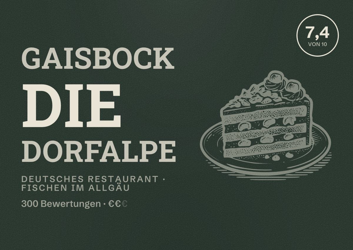 Illustriertes Poster von Gaisbock die Dorfalpe, Deutsches Restaurant in Fischen im Allgäu: Bewertung 7,4 von 10 aus 300 Bewertungen, Preisniveau €€