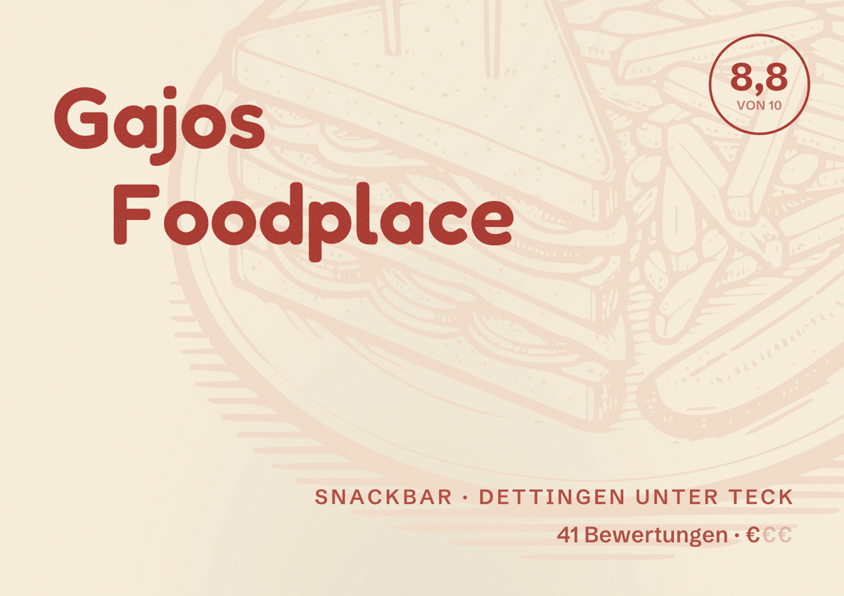 Illustriertes Poster von Gajos Foodplace, Snackbar in Dettingen unter Teck: Bewertung 8,8 von 10 aus 41 Bewertungen, Preisniveau €