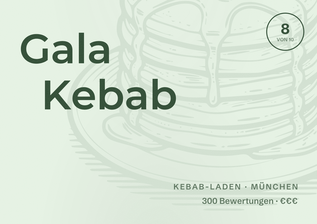 Illustriertes Poster von Gala Kebab, Kebab-Laden in München: Bewertung 8,0 von 10 aus 300 Bewertungen, Preisniveau €€€