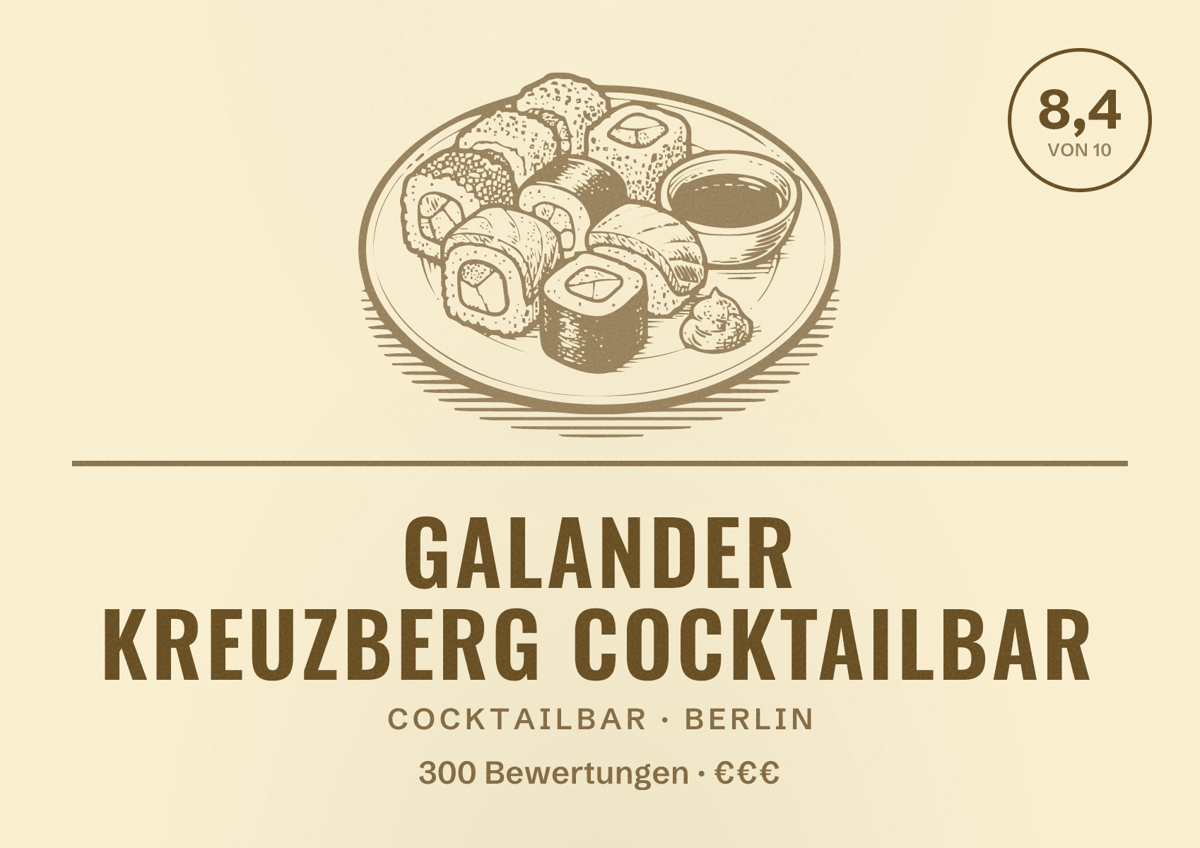 Illustriertes Poster von Galander Kreuzberg Cocktailbar, Cocktailbar in Berlin: Bewertung 8,4 von 10 aus 300 Bewertungen, Preisniveau €€€