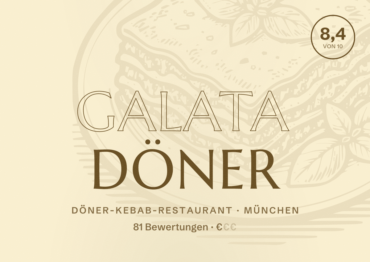 Illustriertes Poster von Galata Döner, Döner-Kebab-Restaurant in München: Bewertung 8,4 von 10 aus 81 Bewertungen, Preisniveau €