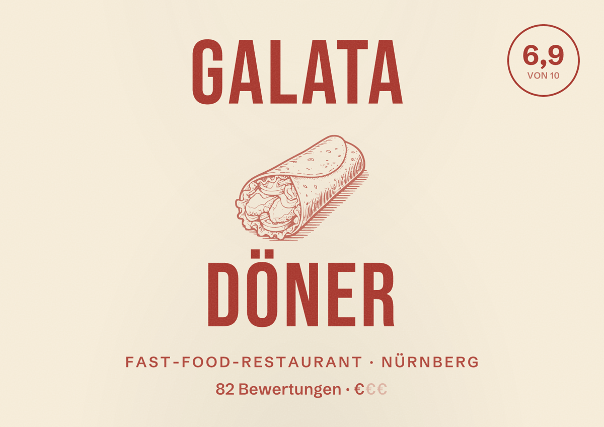 Illustriertes Poster von galata Döner, Fast-Food-Restaurant in Nürnberg: Bewertung 6,9 von 10 aus 82 Bewertungen, Preisniveau €