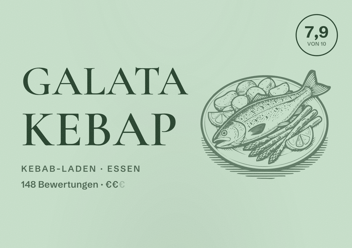 Illustriertes Poster von Galata Kebap, Kebab-Laden in Essen: Bewertung 7,9 von 10 aus 148 Bewertungen, Preisniveau €€