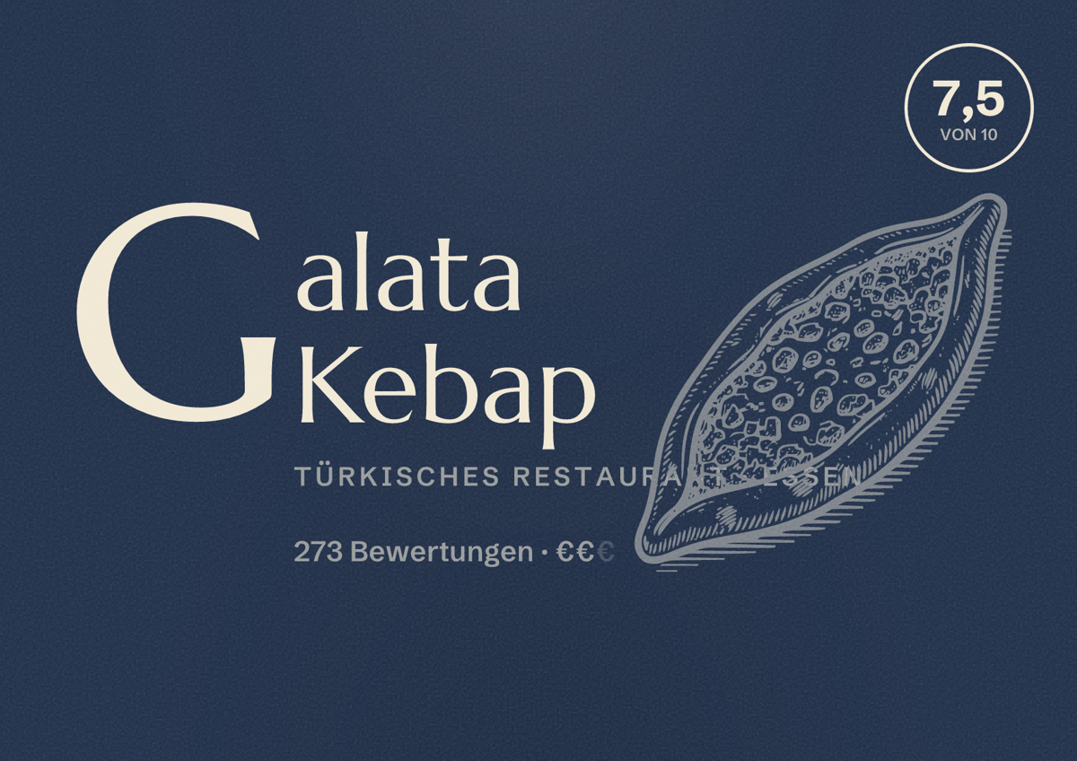 Illustriertes Poster von Galata Kebap, Türkisches Restaurant in Essen: Bewertung 7,5 von 10 aus 273 Bewertungen, Preisniveau €€