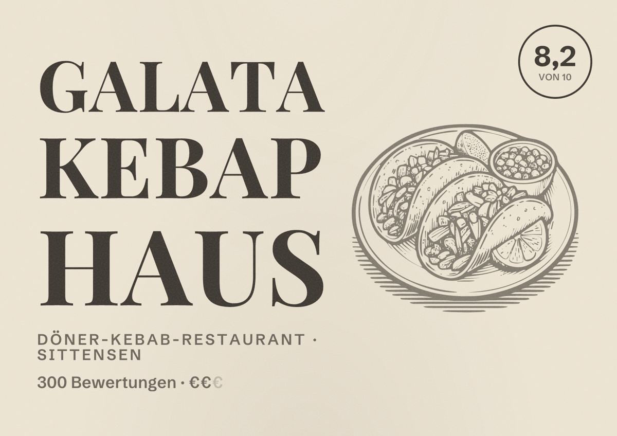 Illustriertes Poster von Galata Kebap Haus, Döner-Kebab-Restaurant in Sittensen: Bewertung 8,2 von 10 aus 300 Bewertungen, Preisniveau €€