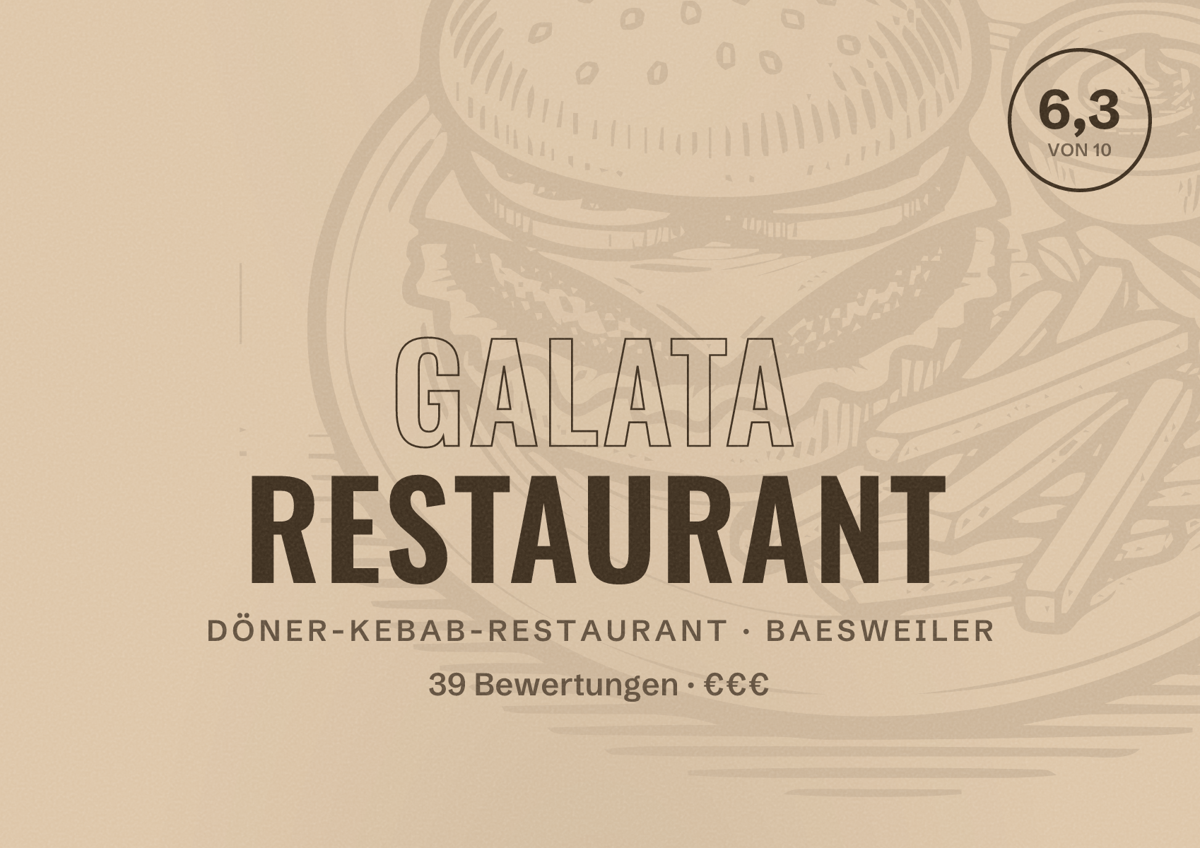 Illustriertes Poster von Galata Restaurant, Döner-Kebab-Restaurant in Baesweiler: Bewertung 6,3 von 10 aus 39 Bewertungen, Preisniveau €€€