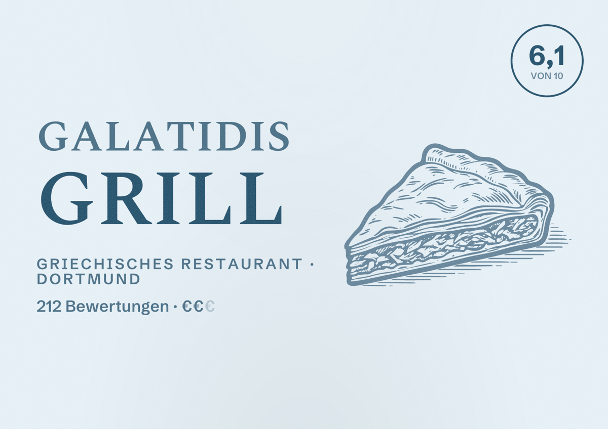 Illustriertes Poster von Galatidis Grill, Griechisches Restaurant in Dortmund: Bewertung 6,1 von 10 aus 212 Bewertungen, Preisniveau €€