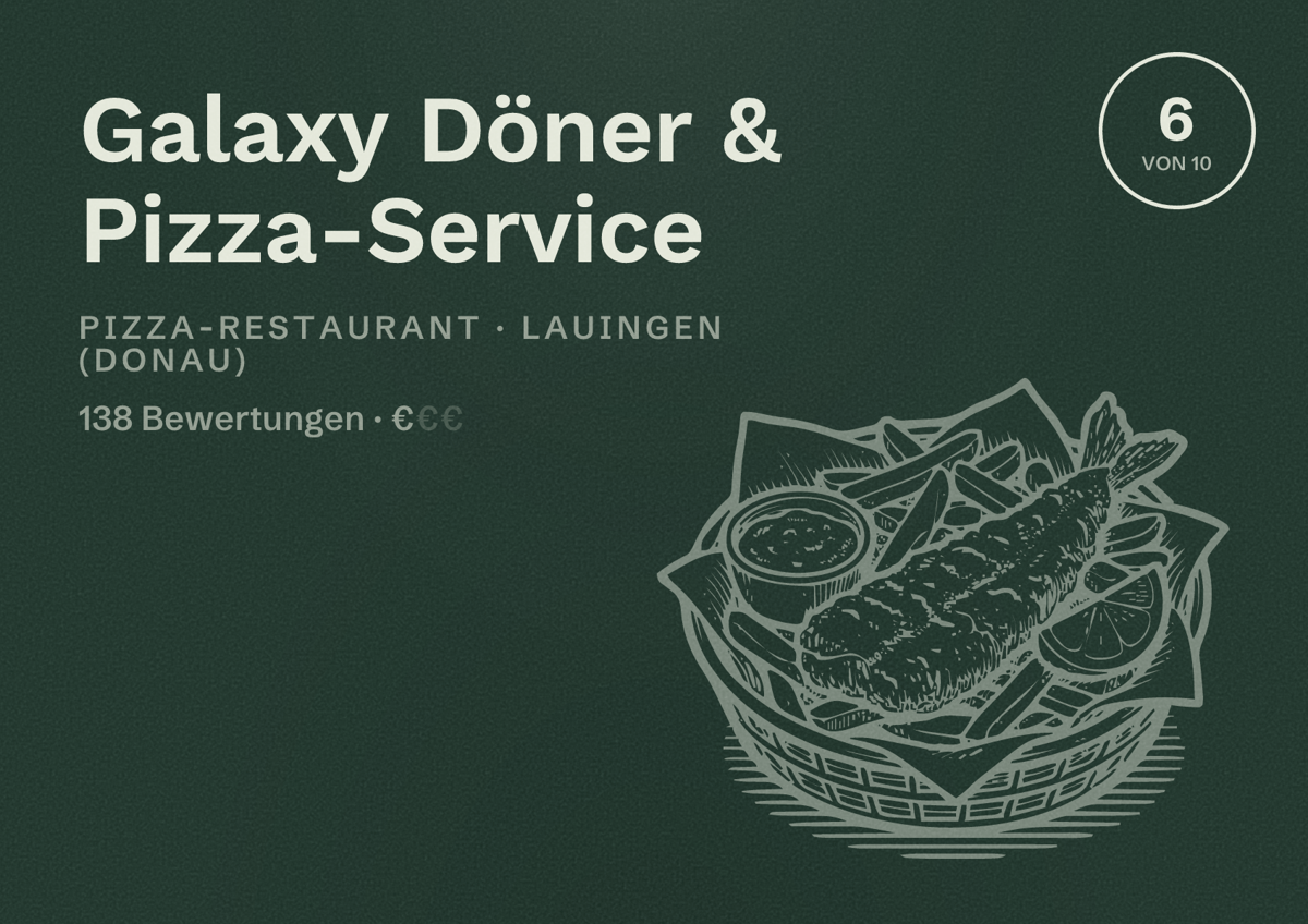 Illustriertes Poster von Galaxy Döner & Pizza-Service, Pizza-Restaurant in Lauingen (Donau): Bewertung 6 von 10 aus 138 Bewertungen, Preisniveau €