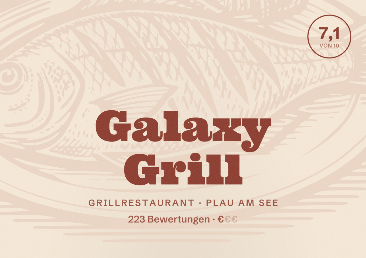 Illustriertes Poster von Galaxy Grill, Grillrestaurant in Plau am See: Bewertung 7,1 von 10 aus 223 Bewertungen, Preisniveau €
