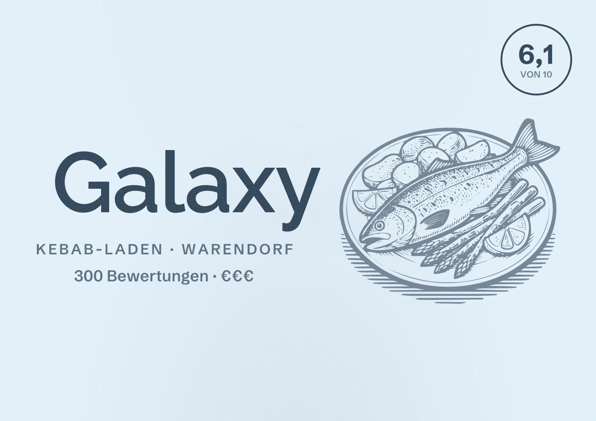 Illustriertes Poster von Galaxy, Kebab-Laden in Warendorf: Bewertung 6,1 von 10 aus 300 Bewertungen, Preisniveau €€€