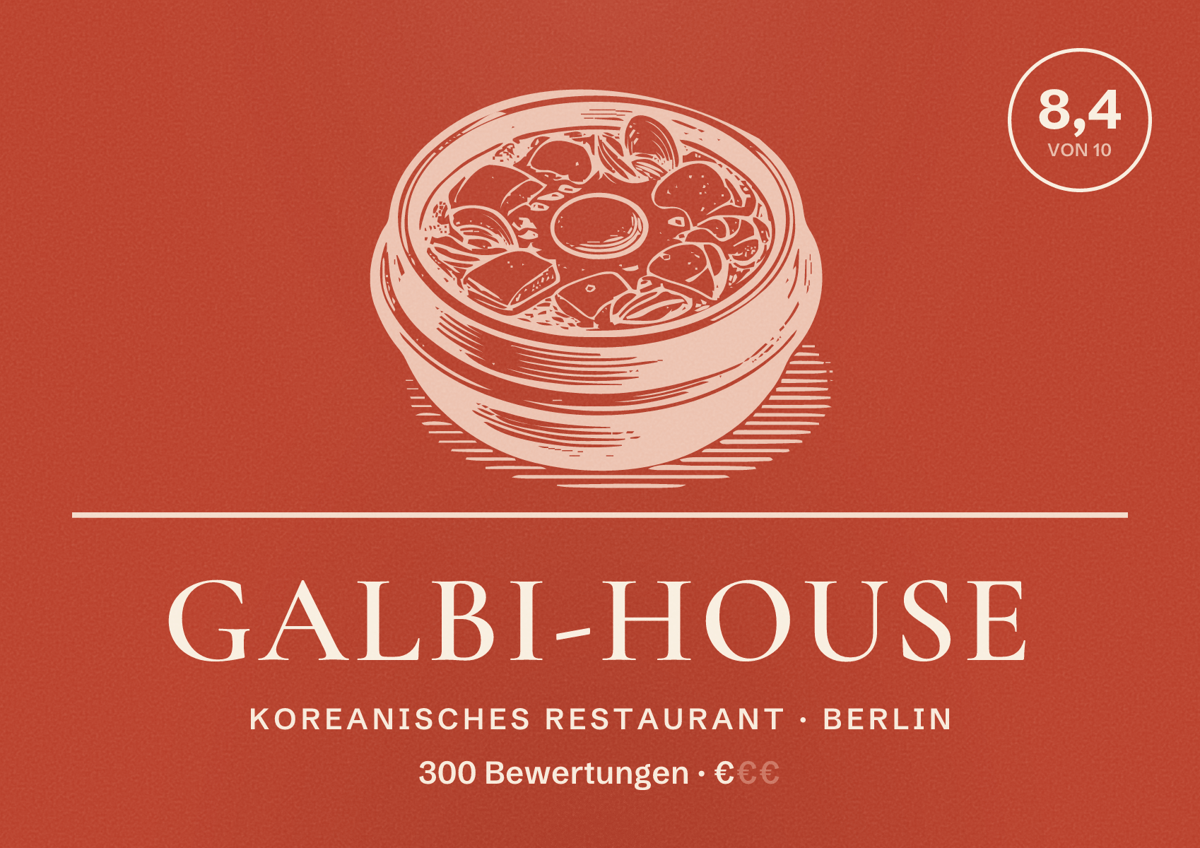 Illustriertes Poster von Galbi-House, Koreanisches Restaurant in Berlin: Bewertung 8,4 von 10 aus 300 Bewertungen, Preisniveau €