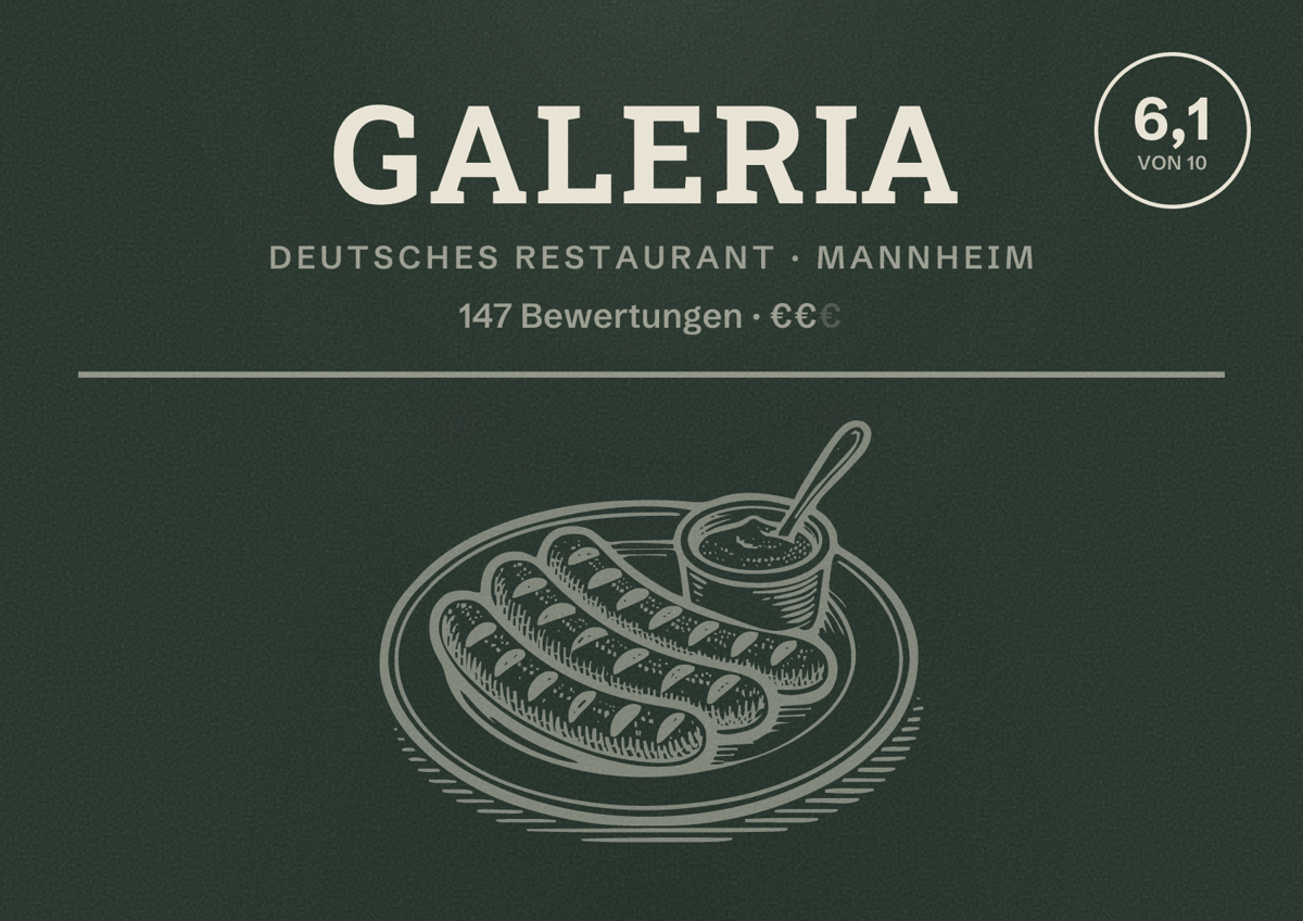 Illustriertes Poster von GALERIA, Deutsches Restaurant in Mannheim: Bewertung 6,1 von 10 aus 147 Bewertungen, Preisniveau €€