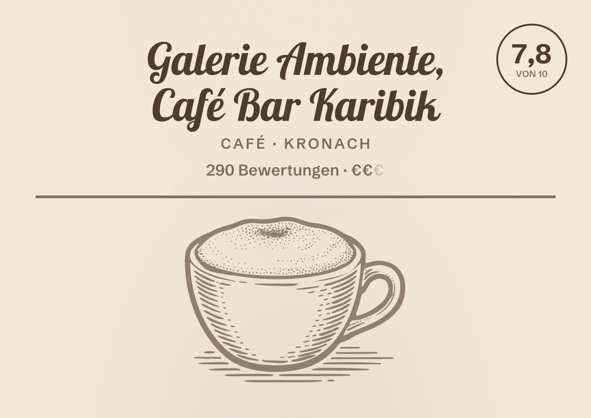 Illustriertes Poster von Galerie Ambiente, Café Bar Karibik, Café in Kronach: Bewertung 7,8 von 10 aus 290 Bewertungen, Preisniveau €€