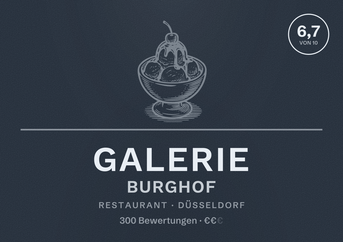 Illustriertes Poster von Galerie Burghof, Restaurant in Düsseldorf: Bewertung 6,7 von 10 aus 300 Bewertungen, Preisniveau €€