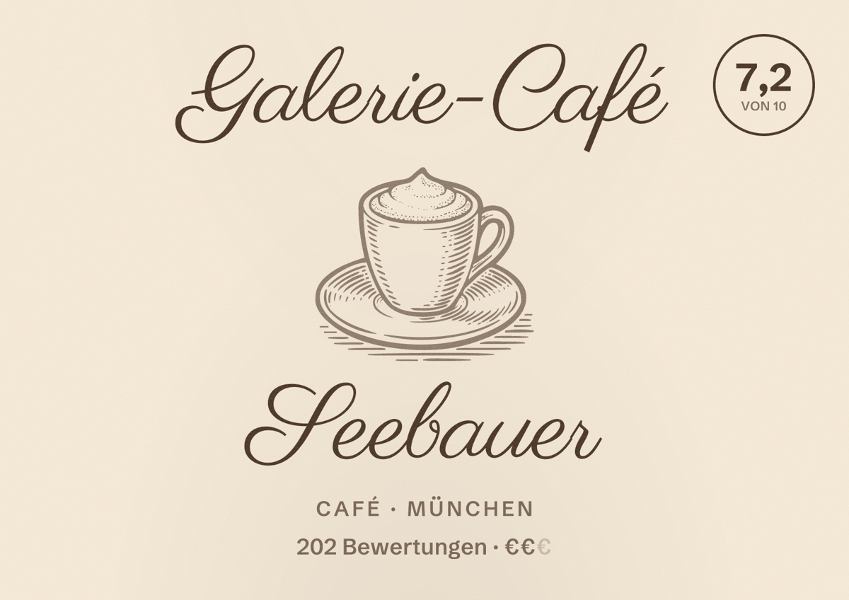 Illustriertes Poster von Galerie-Café Seebauer, Café in München: Bewertung 7,2 von 10 aus 202 Bewertungen, Preisniveau €€