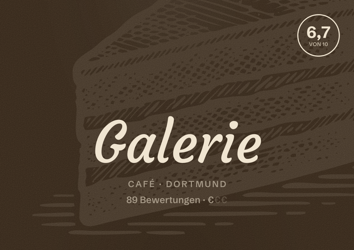 Illustriertes Poster von Galerie, Café in Dortmund: Bewertung 6,7 von 10 aus 89 Bewertungen, Preisniveau €