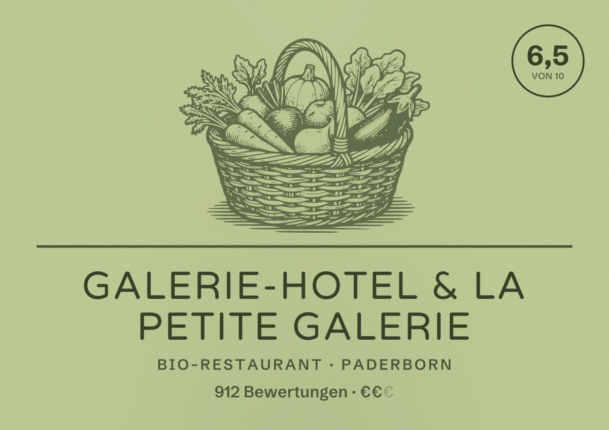Illustriertes Poster von Galerie-Hotel & La petite Galerie, Bio-Restaurant in Paderborn: Bewertung 6,5 von 10 aus 912 Bewertungen, Preisniveau €€