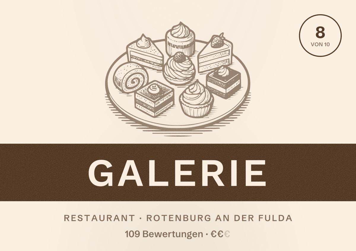 Illustriertes Poster von Galerie, Restaurant in Rotenburg an der Fulda: Bewertung 8 von 10 aus 109 Bewertungen, Preisniveau €€