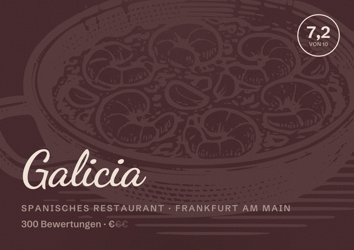 Illustriertes Poster von Galicia, Spanisches Restaurant in Frankfurt am Main: Bewertung 7,2 von 10 aus 300 Bewertungen, Preisniveau €