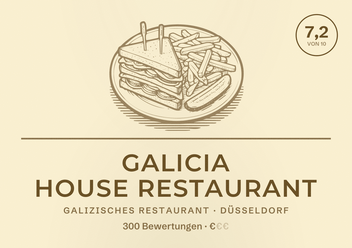 Illustriertes Poster von Galicia House Restaurant, Galizisches Restaurant in Düsseldorf: Bewertung 7,2 von 10 aus 300 Bewertungen, Preisniveau €