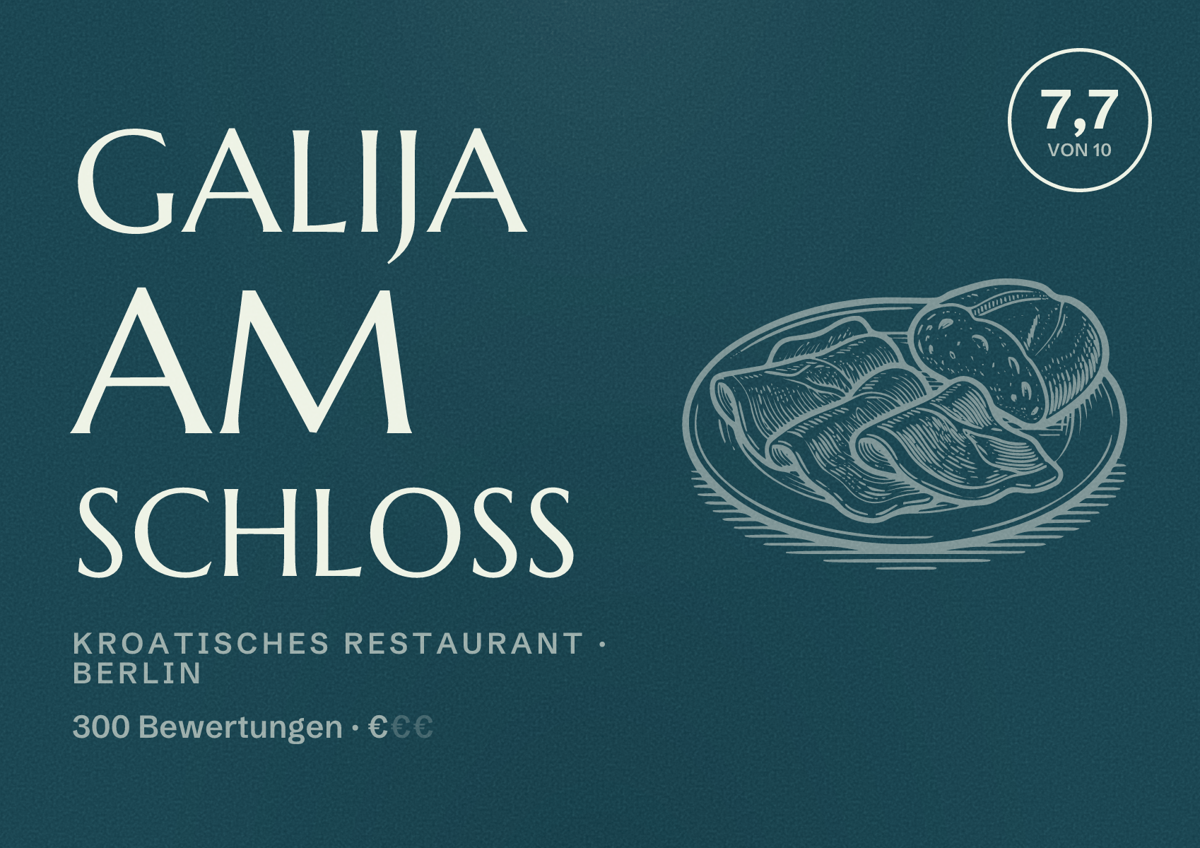 Illustriertes Poster von Galija am Schloss, Kroatisches Restaurant in Berlin: Bewertung 7,7 von 10 aus 300 Bewertungen, Preisniveau €