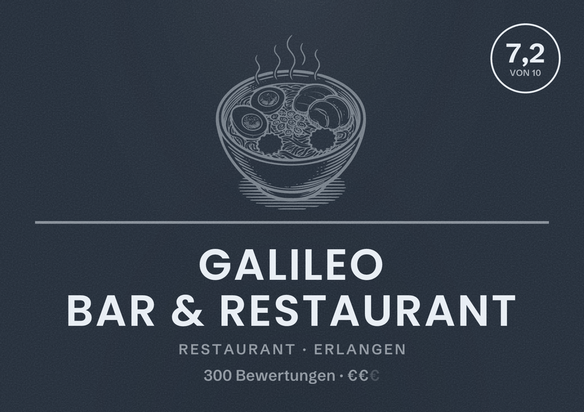 Illustriertes Poster von Galileo Bar & Restaurant, Restaurant in Erlangen: Bewertung 7,2 von 10 aus 300 Bewertungen, Preisniveau €€