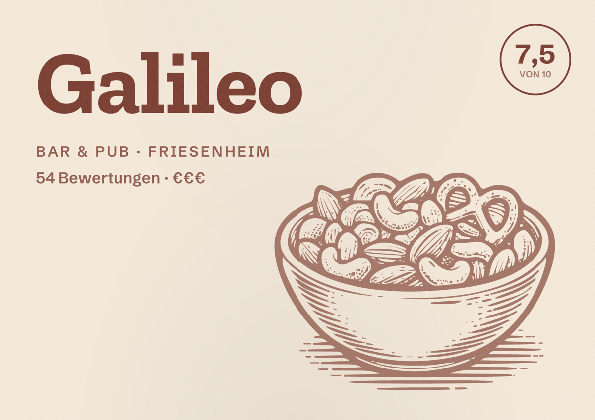 Illustriertes Poster von Galileo, Bar & Pub in Friesenheim: Bewertung 7,5 von 10 aus 54 Bewertungen, Preisniveau €€€