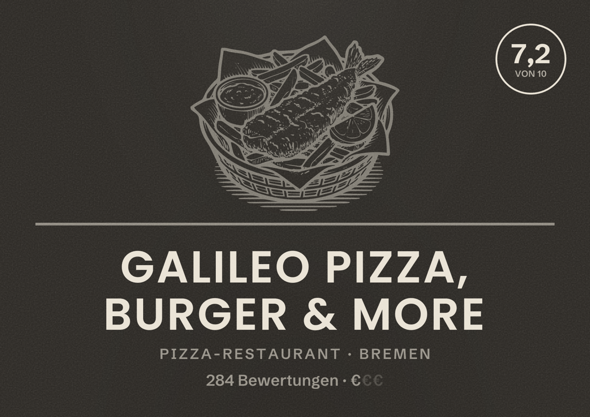 Illustriertes Poster von Galileo Pizza, Burger & More, Pizza-Restaurant in Bremen: Bewertung 7,2 von 10 aus 284 Bewertungen, Preisniveau €
