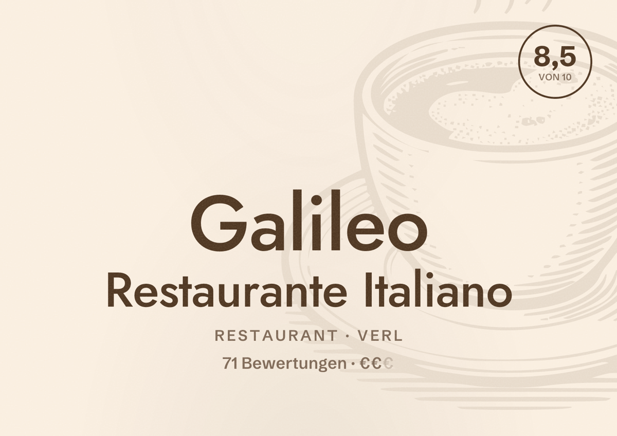 Illustriertes Poster von Galileo Restaurante Italiano, Restaurant in Verl: Bewertung 8,5 von 10 aus 71 Bewertungen, Preisniveau €€