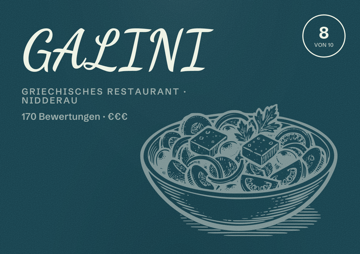 Illustriertes Poster von GALINI, Griechisches Restaurant in Nidderau: Bewertung 8 von 10 aus 170 Bewertungen, Preisniveau €€€