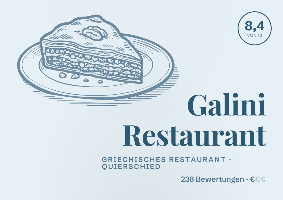 Illustriertes Poster von Galini Restaurant, Griechisches Restaurant in Quierschied: Bewertung 8,4 von 10 aus 238 Bewertungen, Preisniveau €