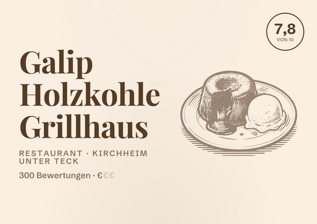 Illustriertes Poster von Galip Holzkohle Grillhaus, Restaurant in Kirchheim unter Teck: Bewertung 7,8 von 10 aus 300 Bewertungen, Preisniveau €