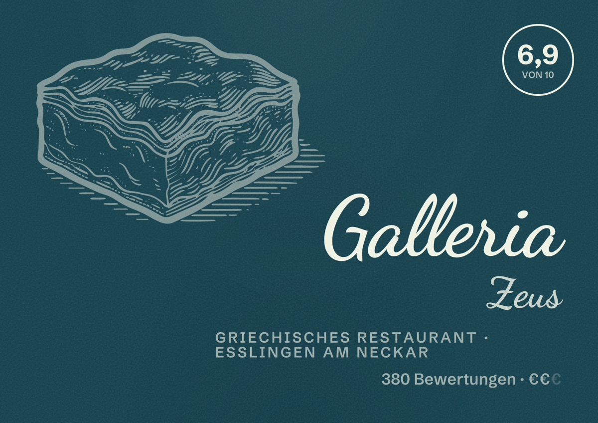 Illustriertes Poster von Galleria Zeus, Griechisches Restaurant in Esslingen am Neckar: Bewertung 6,9 von 10 aus 380 Bewertungen, Preisniveau €€