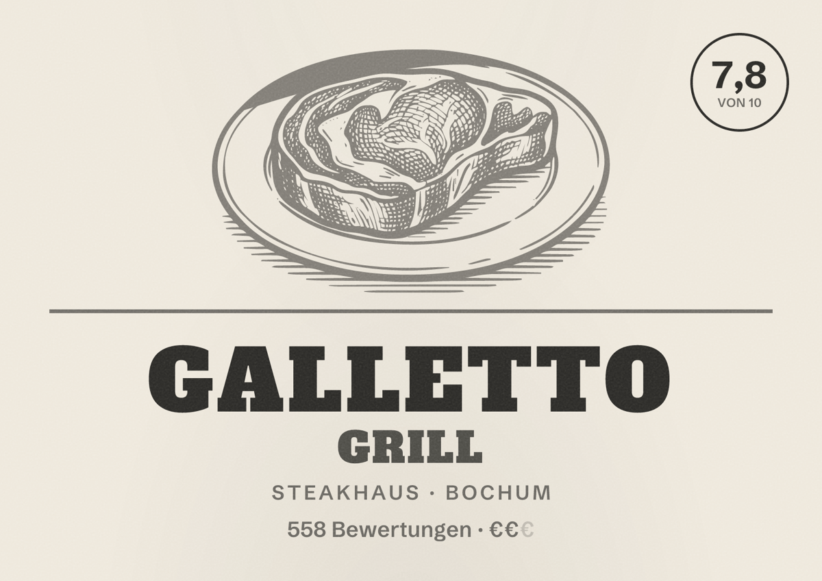 Illustriertes Poster von Galletto Grill, Steakhaus in Bochum: Bewertung 7,8 von 10 aus 558 Bewertungen, Preisniveau €€