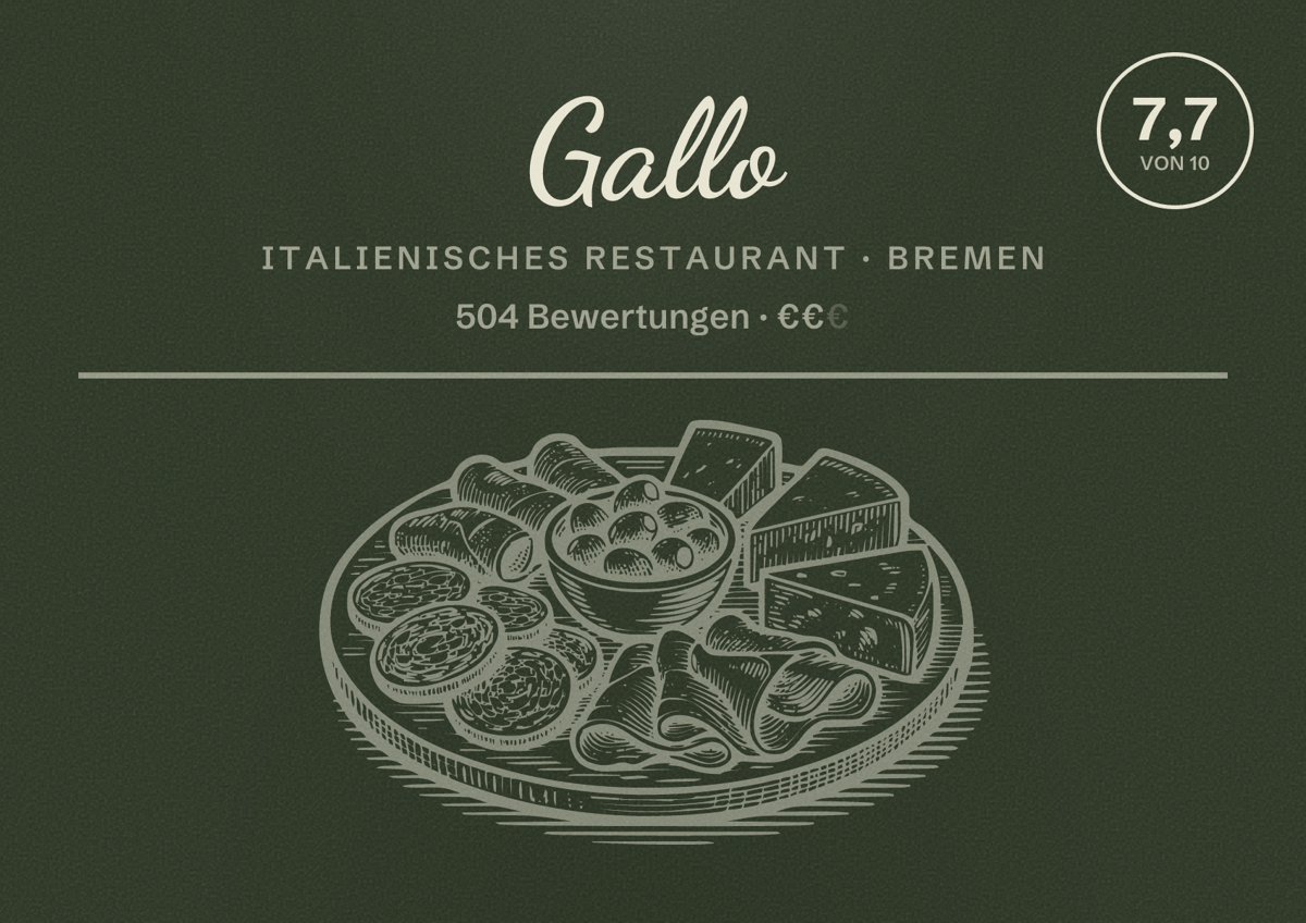 Illustriertes Poster von Gallo, Italienisches Restaurant in Bremen: Bewertung 7,7 von 10 aus 504 Bewertungen, Preisniveau €€