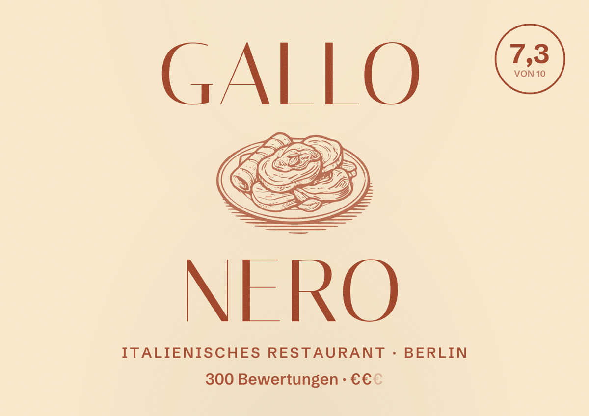 Illustriertes Poster von Gallo Nero, Italienisches Restaurant in Berlin: Bewertung 7,3 von 10 aus 300 Bewertungen, Preisniveau €€